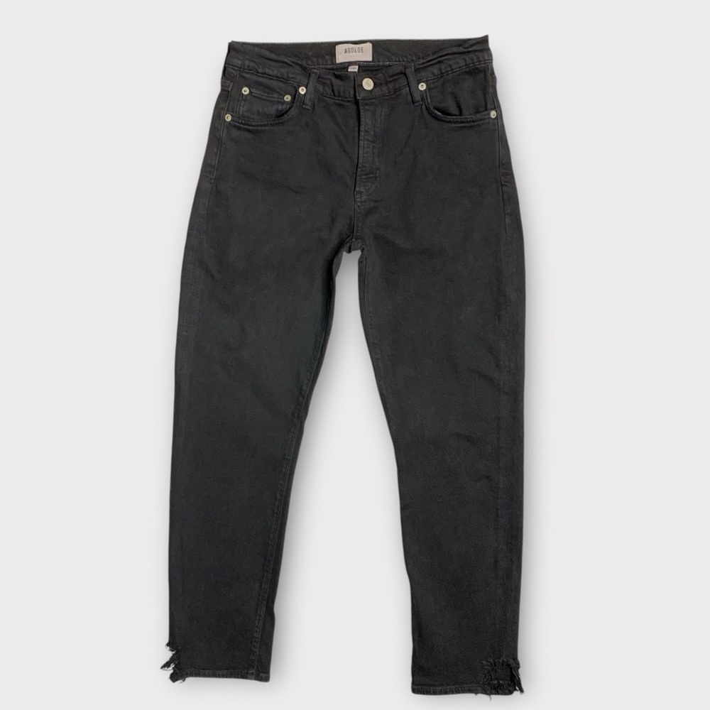 AGOLDE Women's Toni Mid Rise Straight Jeans Size 28 Black w/ Distressed Ankle